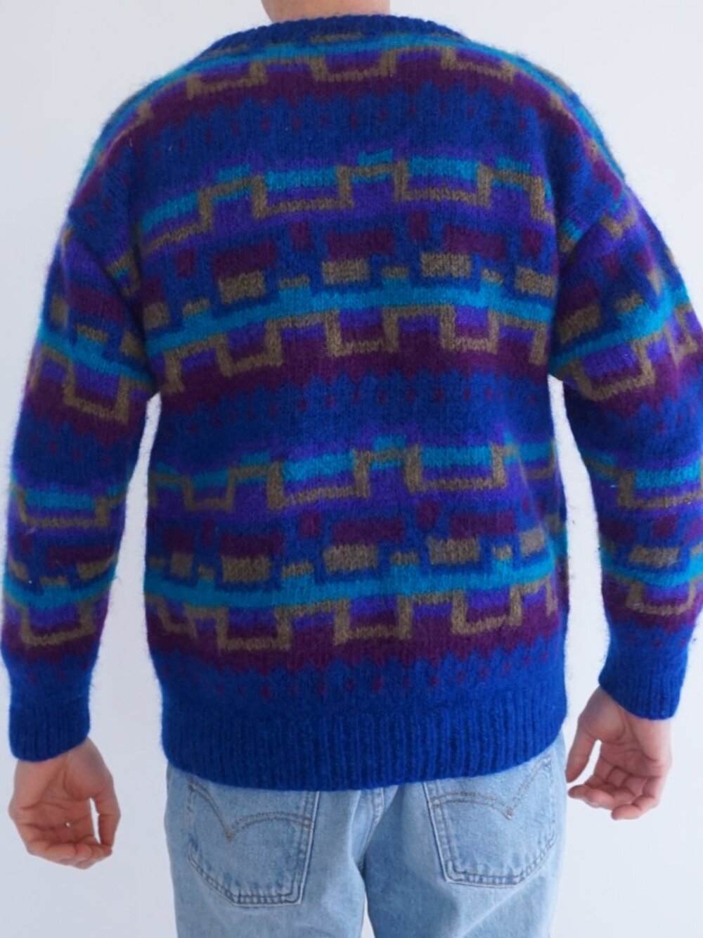 Handmade Nepal Blue Purple Geometric Fuzzy Wool Nordic Knit Sweater Nordic L - Picture 2 of 10